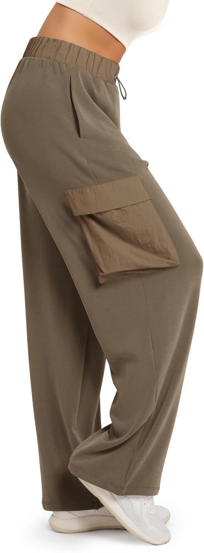 ODODOS Women's Modal Soft Wide Leg Cargo Pants with Pockets Adjustable Shockcord High Waist Loose Jogger Pants, Espresso, Medium (Brown, M)