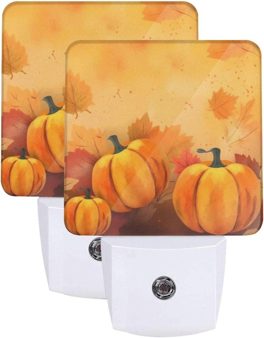 Pumpkins Maple Leaf Thanksgiving Night Light Set of 2, Fall Sunflowers Auto Sensor LED Dusk-to-Dawn Nightlights, Plug-in Sensor Lamp for Bedroom Bathroom Decorative