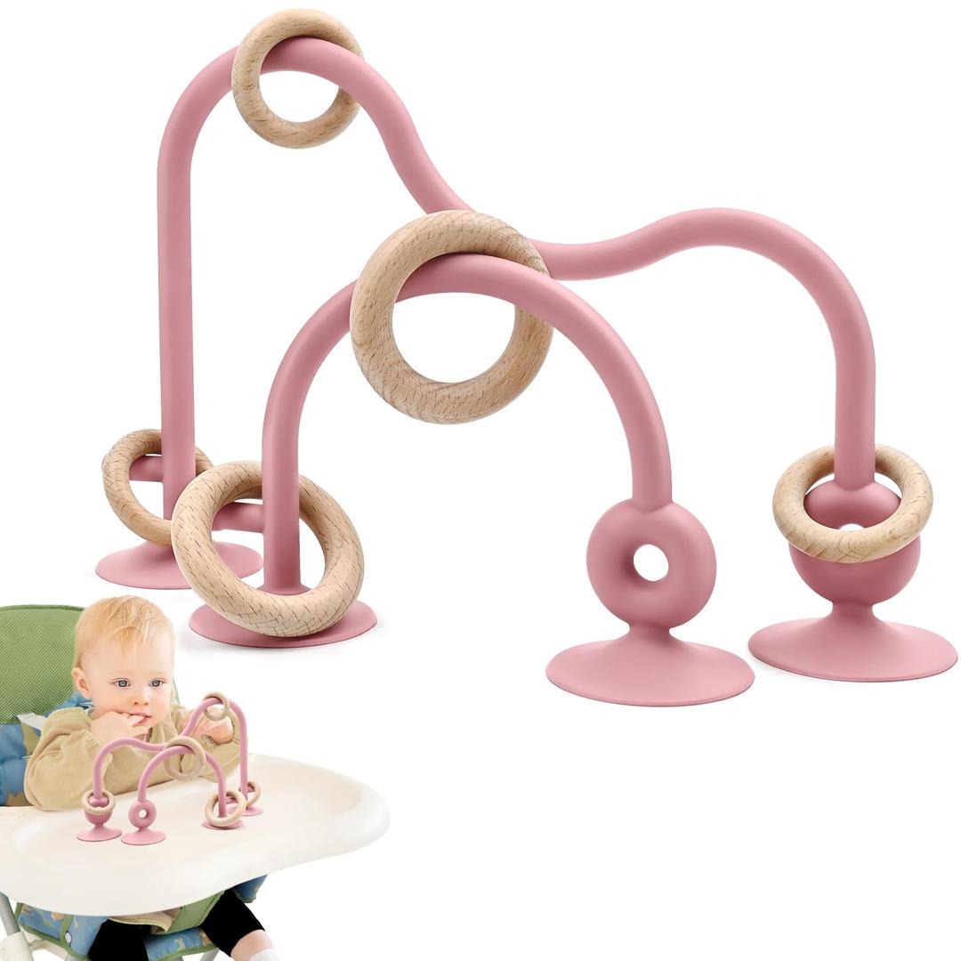 Baby Sensory High Chair Suction Toys for Infant Toddlers 6 12 18 24 Months, Food Grade Silicone String with Oak Loop Montessori Educational Baby Bath Toy Gifts (Dark Pink)