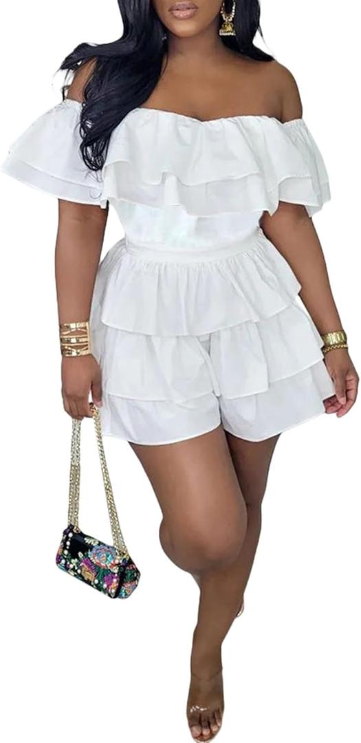 LAJIOJIO Romper for Women,Sexy Off the Shoulder Ruffle Hem Pleated Short Jumpsuits for Summer 2025 (XX-Large, White)