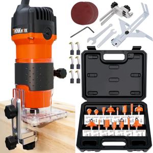 THINKWORK Router Tool, 6.5 Amp 1.25 HP Wood Router for Woodworking, Trim Router with 15 Pieces 1/4" Router Bits Set