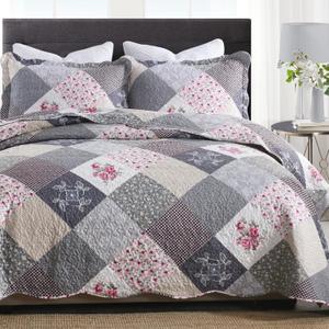 ENJOHOS Farmhouse Quilts King Size - King Quilt Set Grey Bedspread Reversible Patchwork Floral Coverlet Set, Microfiber Lightweight Country Quilts Bedding Set with 2 Pillow ShamsGrey Flower Plaid2