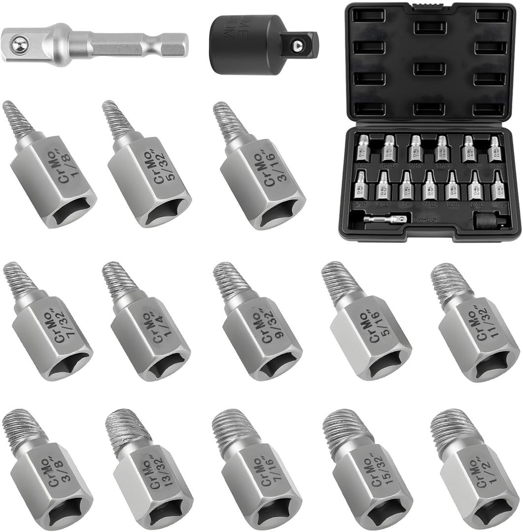Screw Extractor Set 15-Piece, 3/8" Hex Drive Easy Out Bolt Extractor Kit, Multi-Spline Screw Remover Tool Kit for Stripped, Rounded, Broken, Damaged Screws, Bolts and Nuts