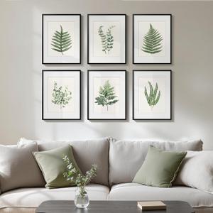 Framed Green Tropical Fern Botanical Wall Art, Set of 6 Nature Ferns Leaf Painting Prints Artwork, Plant Leaves Picture for Modern Farmhouse Living Room Bedroom Bathroom Kitchen Home Decor, 11x14