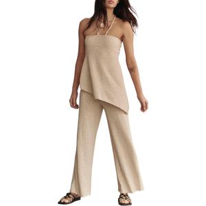 Women Summer Knit Sweater Sets Sexy Tube Top and Loose Pant Lounge Matching Set 2025 2 Piece Outfits Khaki (Beige, S)