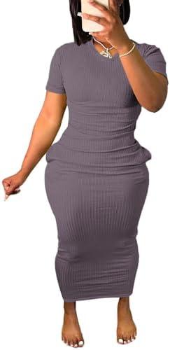 Women's Casual Short Sleeve Dress T Shirt Bodycon Dresses Ribbed V Neck Maxi Sundress Basic Party Club Dress with Pocket, Size 2XL, Purple 