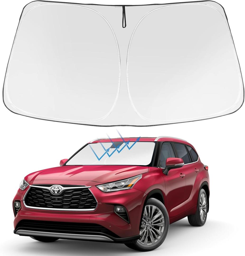 Proadsy 2025 Upgrade Windshield Sun Shade Custom Fit Highlander 2020-2024 2025 4-Layer Foldable Front Sunshade Protector Sun Visor Blocks UV Rays Keep Car Cooler