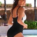 Pink Queen Women One Piece Swimsuit 2026 Patchwork Twist Front V Neck Ruched Tummy Control Swimwear Bathing Suits, Large
