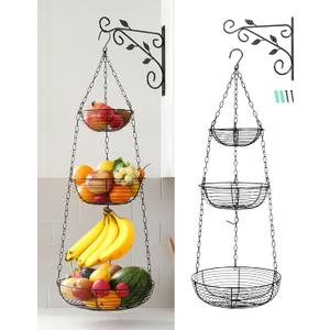 FANGSUN 3-Tier Hanging Fruit Basket for Kitchen Counter with Banana Hook, 36-Inch Heavy-Duty Wire Fruit Baskets with Leaf-Shaped Bracket for Kitchen Organizing Potato & Vegetable