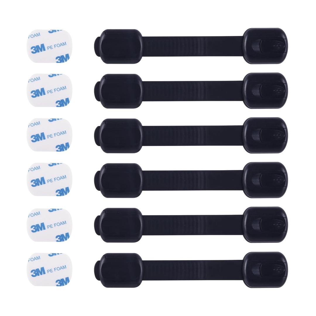 2 x Child Safety Cabinet Locks (6 Pack)  Adjustable Baby Proofing Strap Latches with Strong 3M Adhesive  No Drill Childproof Locks for Drawers, Cabinets, Fridge, Door, Closet, Black