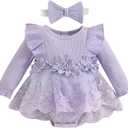 Baby Girl Romper Dress Baby Dress Romper Lace Flowers Infant Fall Winter Festival Clothes with Headband 9-12 M
