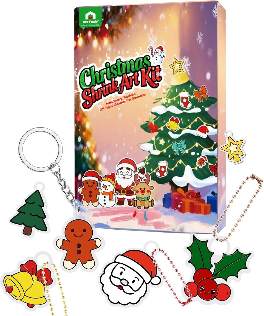 NewFamily Christmas Shrink Art Kit for Kids  49 Pcs Pre-Cut Shrinky Dinks for Christmas Crafts  DIY Bracelets, Necklaces, Keychains & Christmas Tree Decorations