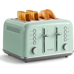 BUYDEEM DT640 Retro 4 Slice Toaster, 7 Shade Settings, Extra Wide 1.5'' Slots, Stainless Steel Toaster with Bagel Muffin Defrost Reheat Function, Green