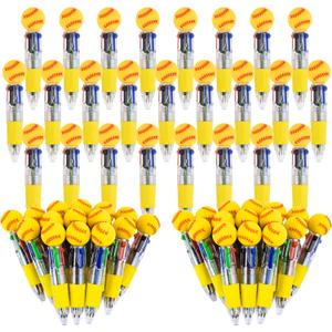 LiYiQ 50 Pcs Softball Party Favor Multicolor Pen in One Cartoon Cute Fun 4-in-1 Cute Pens Bulk Kawaii Softball Shape Cool Ballpoint Pens for Kids Fun Gifts