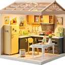 Miniature Kitchen DIY House Kit – 126Pcs Cooking Room Furniture Set with Plug-in LED Light & Modular Base, 1:24 Scale Model for Kids 8+, Teens & Hobbyists