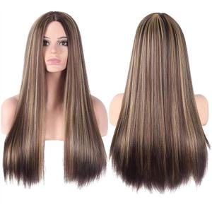 26 inch Brown Wig with Blonde Highlight Long Straight Wig for Women and Men Middle Part Wig Synthetic Full Hair Wigs with Wig Cap