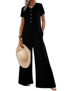 BLENCOT Casual Striped Short Sleeve Jumpsuits Rib Knit Wide Leg Romper Comfy Button Down Baggy Rompers Black XL