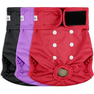 Female Dog Diapers - Reusable Diapers for Doggie in Heat - Highly Absorbent for Pet Incontinence with Adjustable Snaps (Pack of 3) Red, M (Red,Black&Purple)
