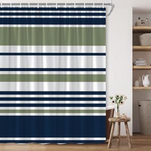 Navy Blue Sage Green White Striped Shower Curtain Stripes Geometric Abstract Artistic Modern Fashion Polyester Fabric Bathroom Decor 7070 Inch with Hook