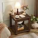 Farmhouse End Table,Large Side Table with 2-Tier Storage Shelf,Rustic Brown End Tables for Living Room,Square Tea Table,Walnut (1)