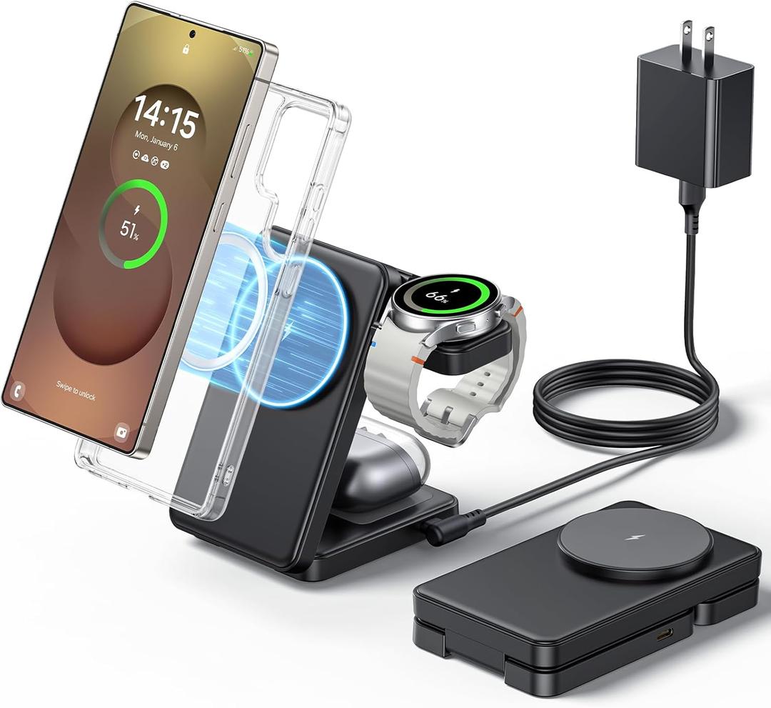 3 in 1 Magnetic Foldable Wireless Charger for Samsung, Fast Mag-Safe Charging Stand Station for Galaxy S25 S24 S23 S22 Ultra Plus/Z Fold/Flip 6/5, Galaxy Watch Ultra/6/5/Pro, Galaxy Buds/Pro
