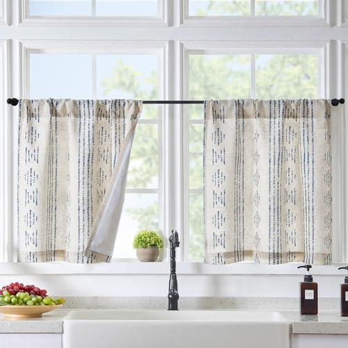 jinchan Boho Linen Kitchen Curtains 36" x 24" Bohemian Geometric Striped Small Window Curtains Light Filtering Farmhouse Country Rustic for Bathroom Living Room RV 2 Panels , Blue