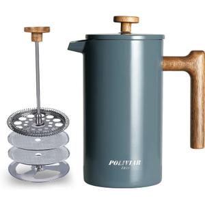POLIVIAR French Press Coffee Maker, 34 oz Coffee Press with Real Wood Handle, Double Wall Insulation & Dual-Filter Screen, Food Grade Stainless Steel for Good Coffee and Tea (Alpline) (Blue) POLIVIAR French Press Coffee Maker, 34 oz Coffee Press with Real Wood Handle, Double Wall Insulation & Dual-Filter Screen, Food Grade Stainless Steel for Good Coffee and Tea (Alpline) (Blue)