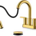 KENES Brushed Gold Centerset Bathroom Faucet with Pull Out Sprayer, 4 Inch 2 Handle Pull Down Bathroom Faucet 3 Hole, Bathroom Sink Faucet with Pop Up Drain & Supply Lines LJ-9069-4