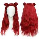 26inches/66cm Red Wig with Braided Bun for Women Long Curly Wigs for Anime Synthetic Hair for Halloween Costume Party Cosplay Wigs with Wig Cap