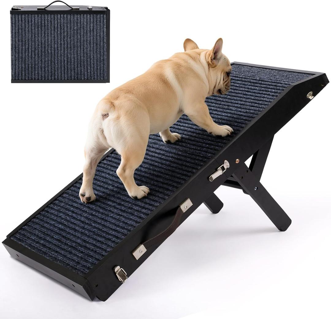 Wood Dog Ramp for Bed, 5-Level Adjustable Height (10" to 21") Pet Ramp with Non-Slip Surface for Couch, Bed and Car, Foldable Dog Ramp for Small, Medium to Large Dogs, Up to 200LBS (Black)