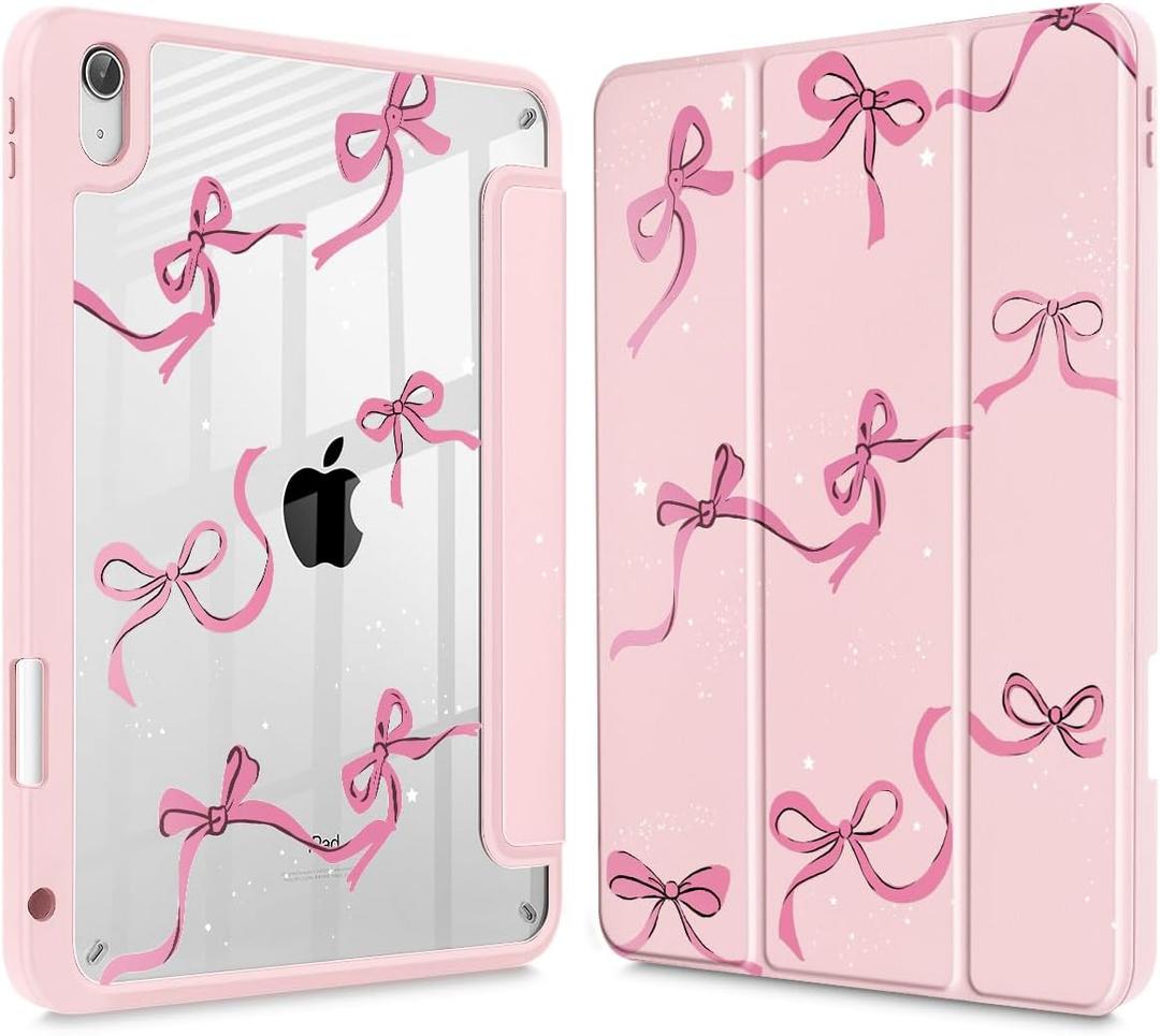 May Chen Case for iPad Air 13 Inch M4 2026, M3 2025, M2 2024, [Built-in Pencil Holder] Shockproof Cover with Clear Transparent Back Shell, Auto Sleep/Wake Cover, Pink Bows