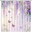 Purple Floral Butterfly Shower Curtain Rustic Weeping Wisteria Blossom Watercolor Lavender Flower Green Leaves Spring Garden Nature Scenery Bathroom Decor Polyester Curtains with Hooks,70Wx70L