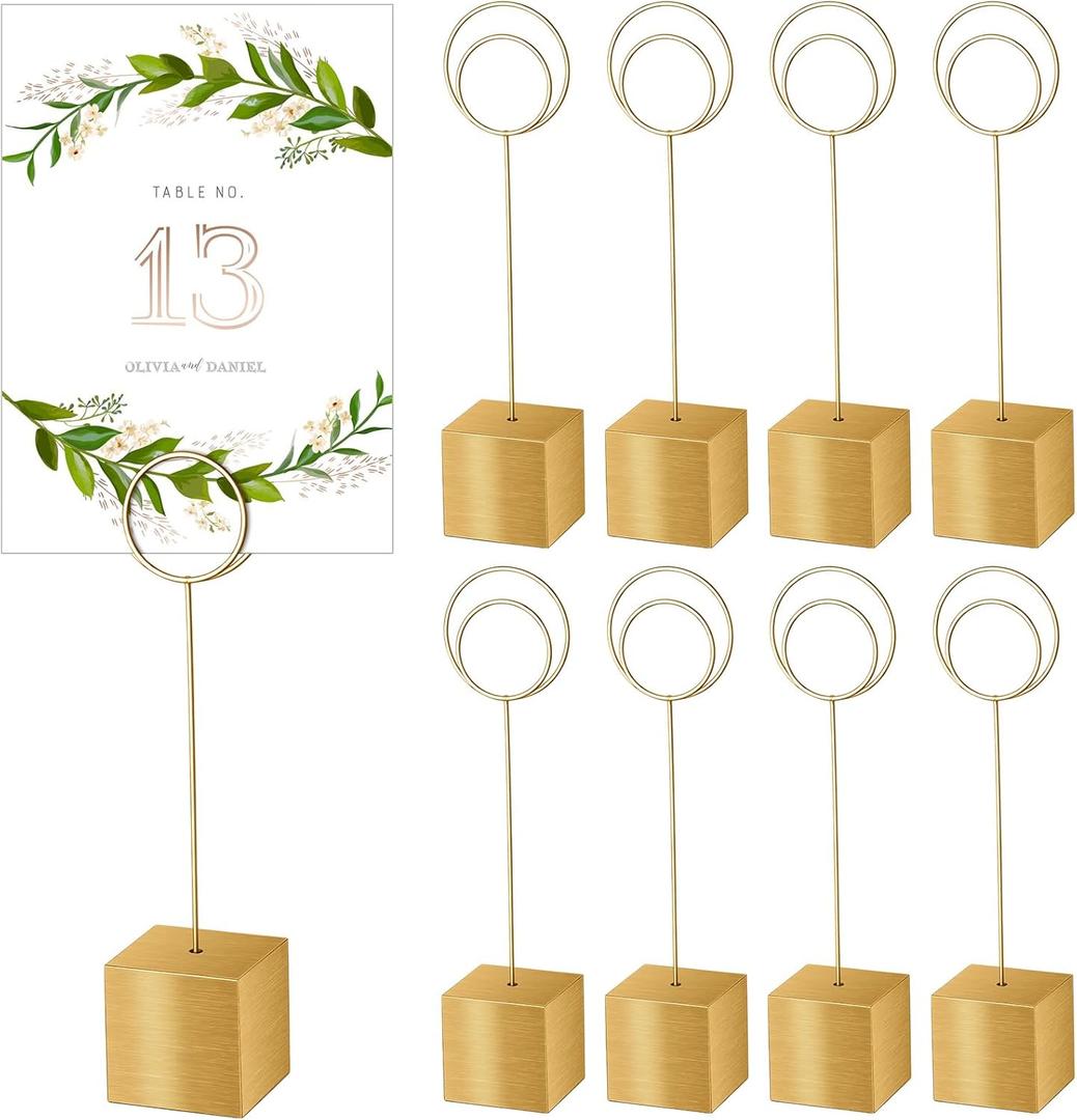 Marspark 20 Pcs Gold Wood Table Number Holders Cube Base Place Card Holders Name Menu Clips Note Card Picture Photo Clip Stand Table Sign for Wedding Reception Anniversary Party Display