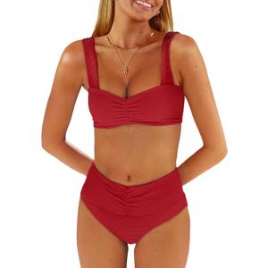ANRABESS Bathing Suit for Women Tummy Control Bikini Set 2025 Beach Front Ruched Mid Waist Swimsuit with Adjustable Straps (Medium, Red)