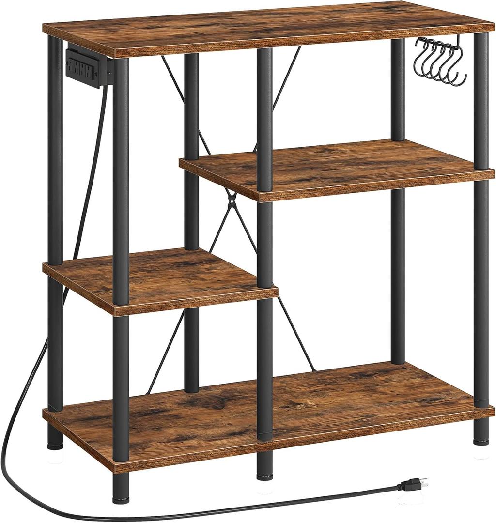 HOOBRO Bakers Rack with Power Outlet, Microwave Stand with 5 S-Shaped Hooks, Coffee Bar, Kitchen Storage Shelf, for Kitchen, Living Room, Rustic Brown and Black BF07UHB01 (31.5L x 15W x 33.9H)