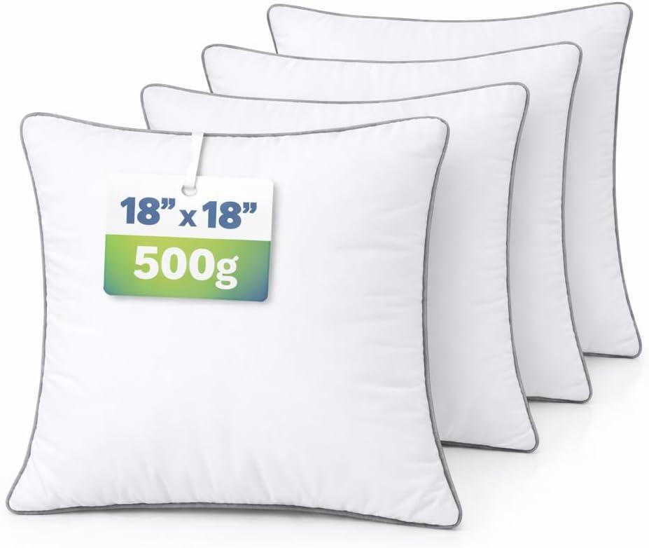 18x18 Throw Pillow Inserts Set of 4, 500g Extra Filled Decorative Pillow Inserts with Grey Piped Edge, Soft Fluffy Supportive Couch Sofa Bed Pillow Forms, Hypoallergenic Polyester Fiber, White