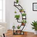VIVOHOME 6 Tier 9 Potted Steel-Wood Plant Stand with Hanger, Curved Flower Pot Holder Shelf for Indoor, Rustic Brown