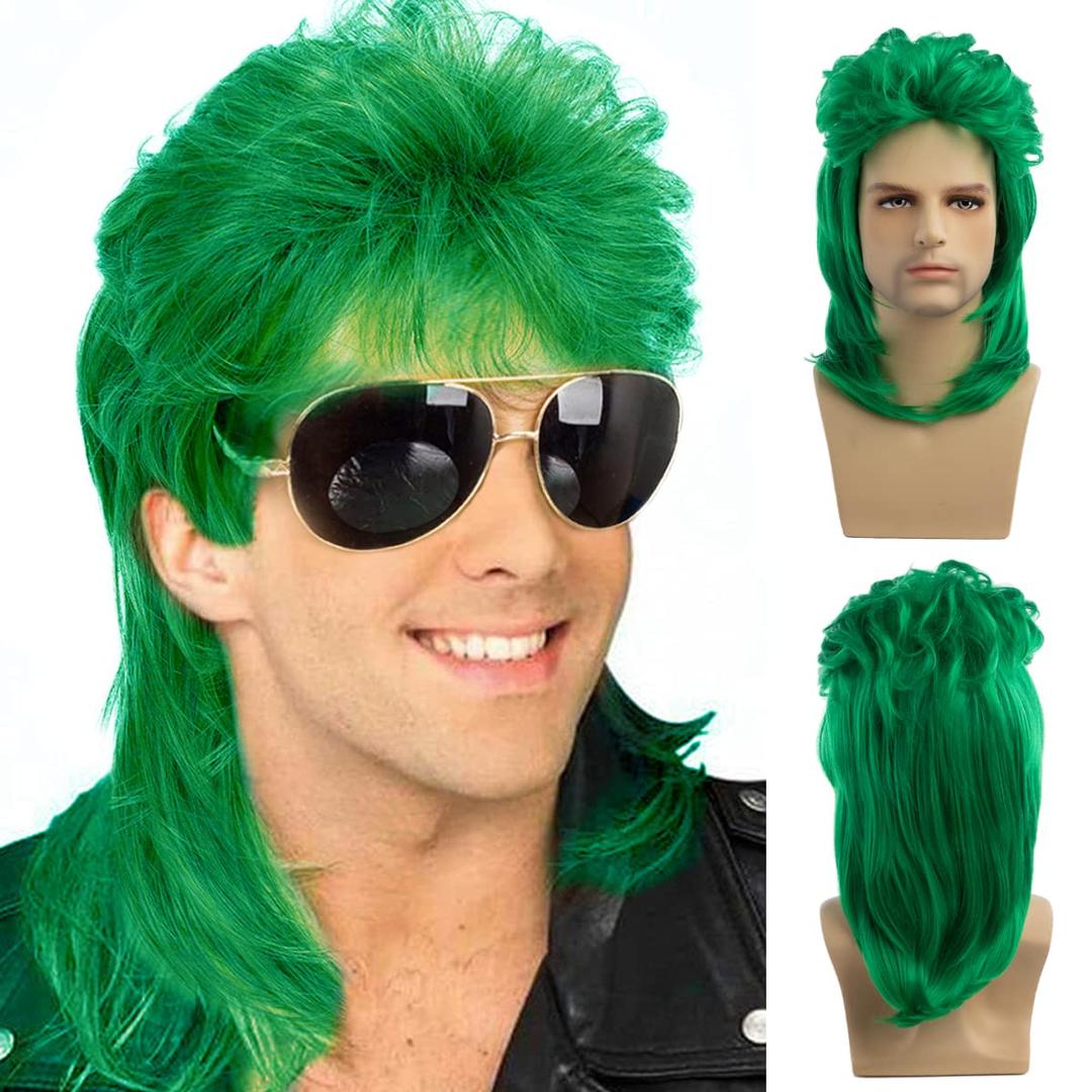 Sallcks Mens Mullet Wigs Green Curly 70s 80s Retro Cosplay Costume Wig Metal Rocker Disco Fancy Show Wigs