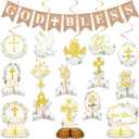 Kosiz 16 Pcs Baptism First Communion Decorations Set 9 White Gold Floral God Bless Baptism Honeycomb Table Centerpieces Double Sided Toppers 6 Hanging Swirls 1 God Bless Banner for Girl Boy Birthday