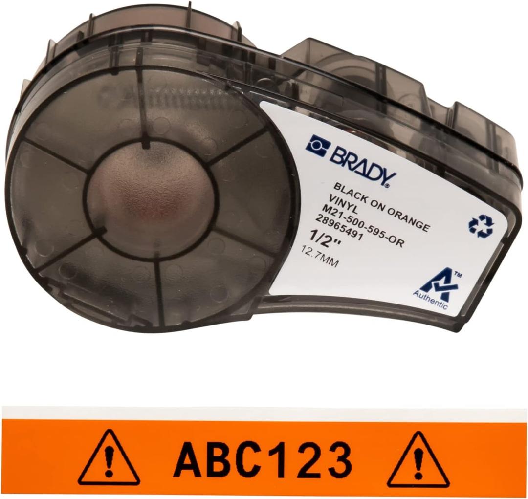 Brady Authentic (M21-500-595-OR) All-Weather Vinyl Label for Indoor/Outdoor ID, Lab and Equipment Labeling, Black on Orange- For M210, M210-LAB, M211, BMP21-PLUS and BMP21-LAB Printers, .5" W, 21' L