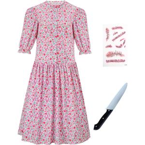 Womens Barbara Dress Costume Pink Floral Print Dress Halloween Cosplay Outfit Suit (Medium)