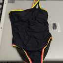 popvil Women's Sexy One Shoulder One Piece Bathing Suits Neon Color Block Swimsuits Slimming Mesh Swimwear (Large, Black)