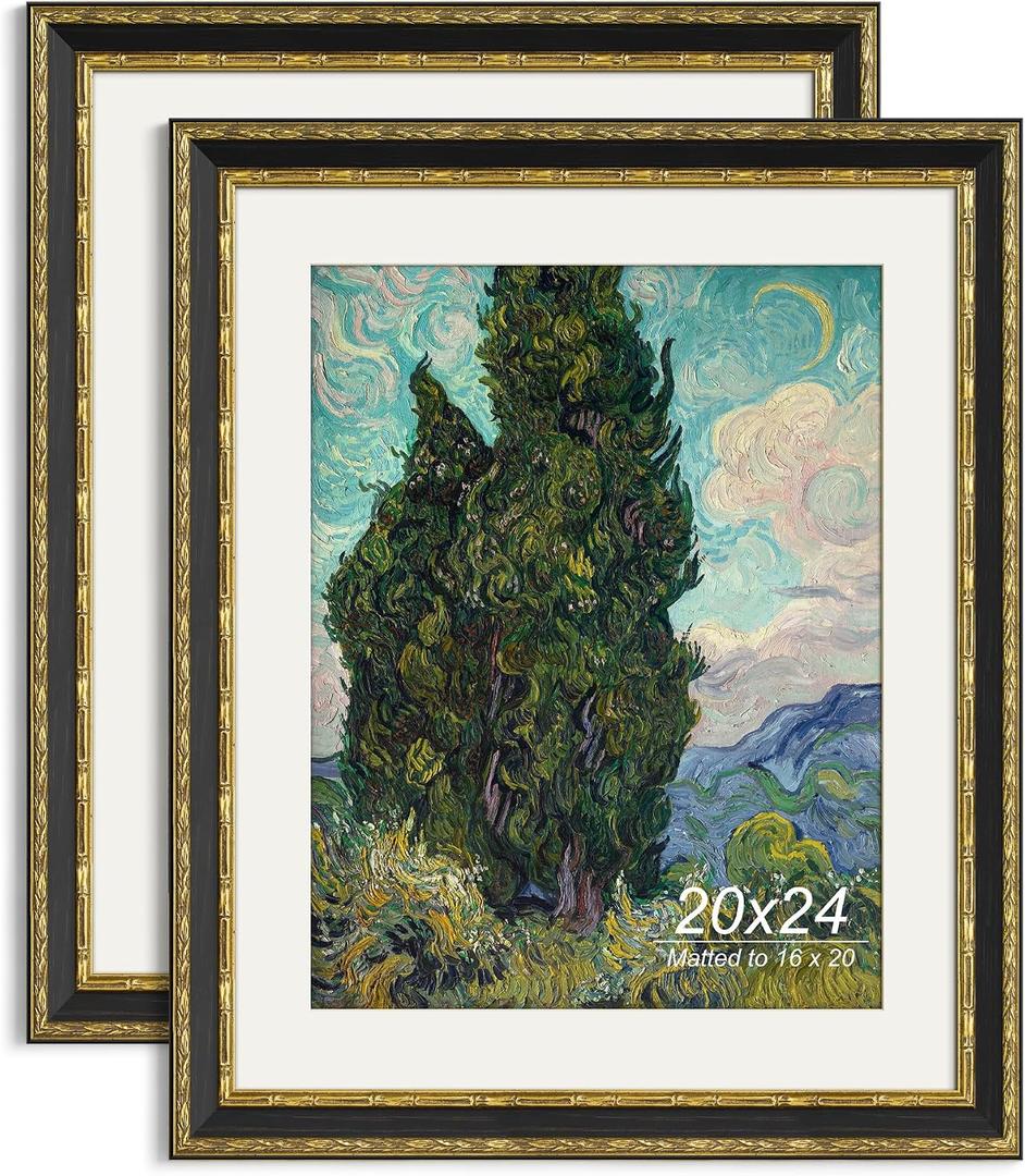 Yaetm 20x24 Vintage Picture Frame, Ornate Antique Gold 20x24 Frame for Wall, White Mat for 16x20 Photos, 1.4-inch Wide Molding - Portrait or Landscape - Wall Mount for Home (Black/Gold, 2 Pack)