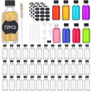 (Pack of 72) 2oz Small Clear Glass Bottles(60ml) with Lids Boston Round Travel Bottles for Vanilla Hot Sauce Juice Whiskey Liquid come with 72 Labels,5 Funnels,5 Droppers,1 Brush