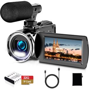 Video Camera, 4K Camcorder 36MP Vlogging Camera for YouTube, 3" IPS Screen 18X Digital Zoom, with Fill Light, Mic, Battery and 32GB Card