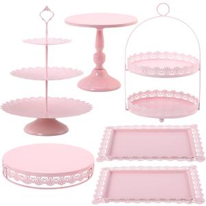 6 Pcs Pink Cake Stands Set, Cake Display Pedestal Tiered Cupcake Holder Dessert Plate Serving Tower Tray Decorative for Wedding Birthday Party Baby Shower Celebration