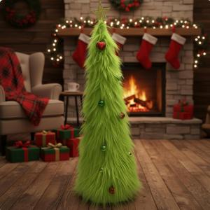 2 ft Lime Green Furry Christmas Tree Decoration Artificial Whimsical Mini Christmas Tree with Topper Star and Ball Ornaments Small Tabletop Decor for Xmas Home Living Room Table Decoration