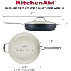 KitchenAid Hard Anodized Ceramic 5-Quart Nonstick Sauté Pan with Shatter-Resistant Lid & Riveted Handle – Durable, Even Heating, Easy Clean, Oven Safe to 500°F, ONYX BLACK