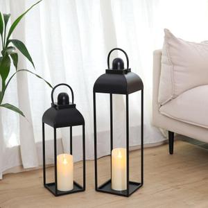 MATAHUM 25'' 19'' Lanterns Decorative Outdoor Indoor, Black Metal Outdoor Candle Lanterns, Set of 2 Modern Farmhouse Decorative Lantern for Fireplace, Patio, Porch, Floor, Christmas Lantern (No Glass)
