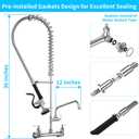 JZBRAIN Commercial Faucet with Sprayer, 36" Height 8 Inch Center Brass Constructed Wall Mount Kitchen Sink Faucet with Pull Down Pre-Rinse Sprayer and 12" Swing Spout Fit for 2/3 Compartment Sink